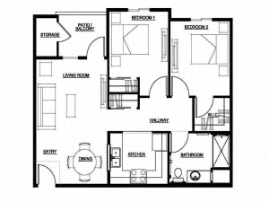 Floor plan for 2 beds, 1 bath, 923 sqft